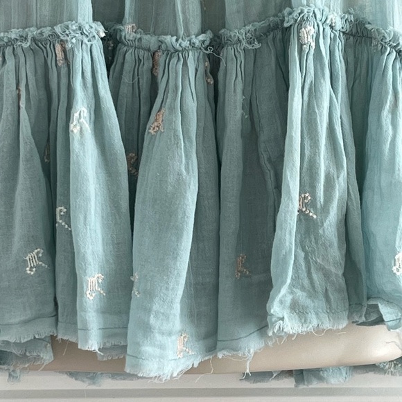 Free People Magic Power Light Blue Cotton Tassel Embroidered Raw Edge Top M Boho - Picture 5 of 11